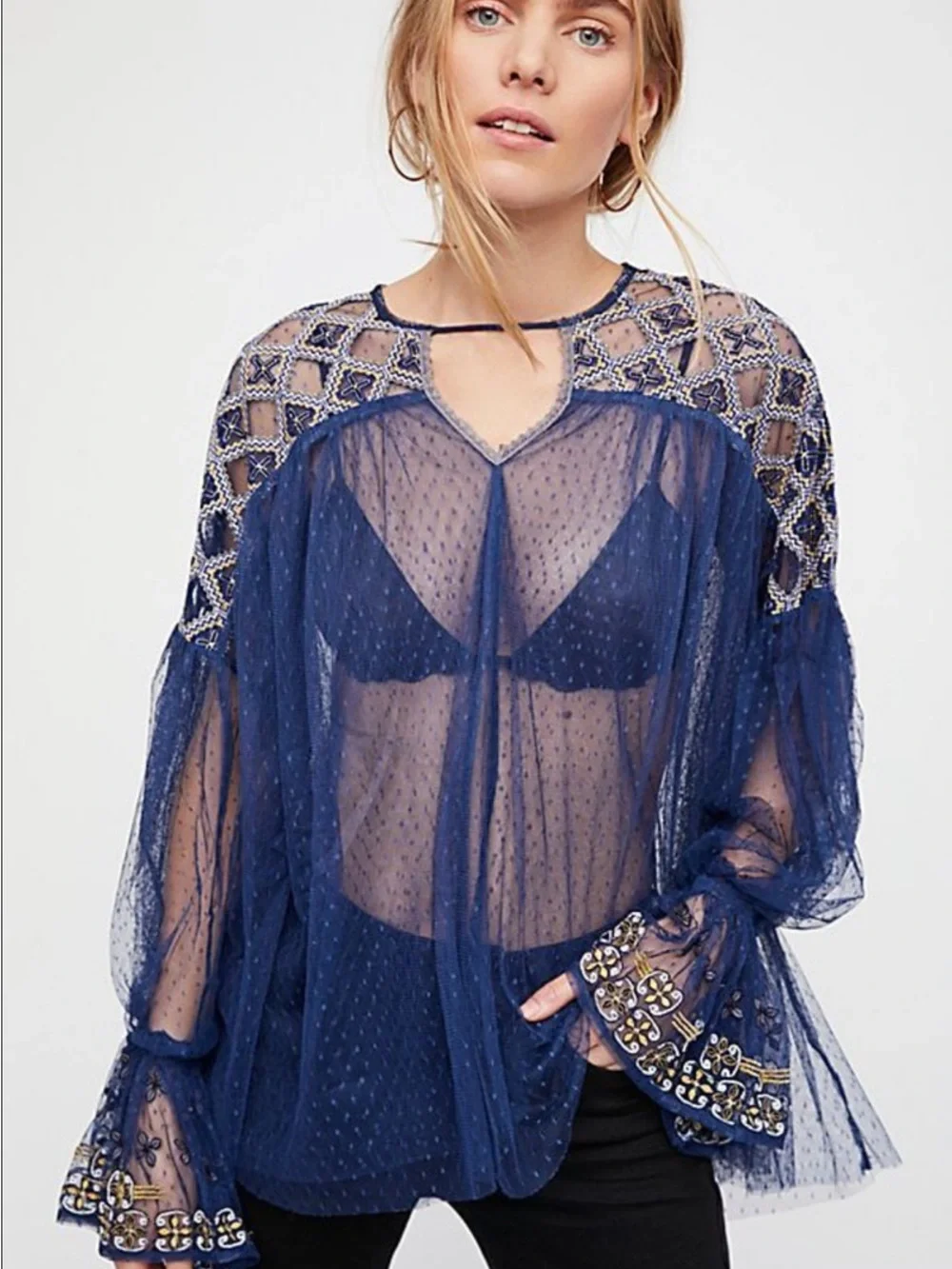 MSRP $148 FREE PEOPLE WOMEN'S NAVY BLUE EMBROIDERED MESH JOYRIDE SHEER TOP Sz S
